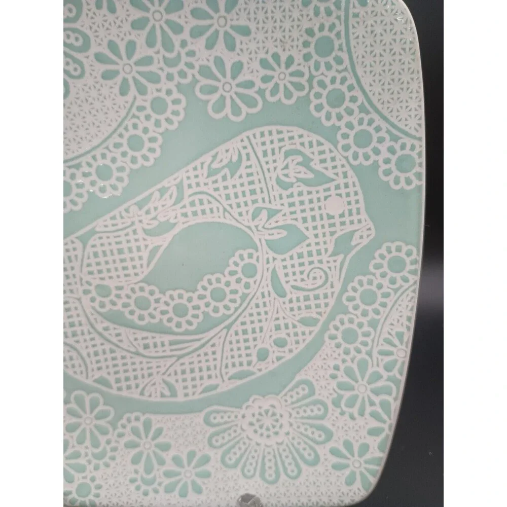 Roscher Canary Plate Embossed Bird Boho Teal Floral Square